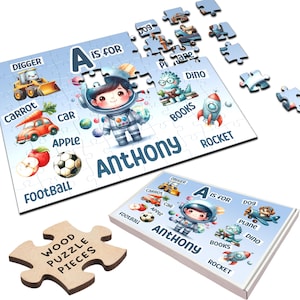 Cute Boys Spaceman Gift Any Alphabet Letter Personalised Wooden Jigsaw Puzzle | Personalized Gift, Custom Puzzle, Quality Wood, Fun Gift