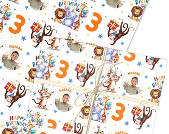 Personalised Wrapping Paper Kids Birthday Safari Animals White Custom Gift Wrap | Sheets or Rolls | Customised Personalized Wrapping Paper