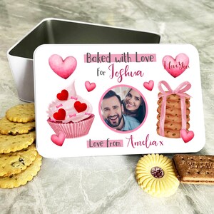 Horneado con amor Cupcake Cookie Foto Regalo romántico Lata de pastel personalizada