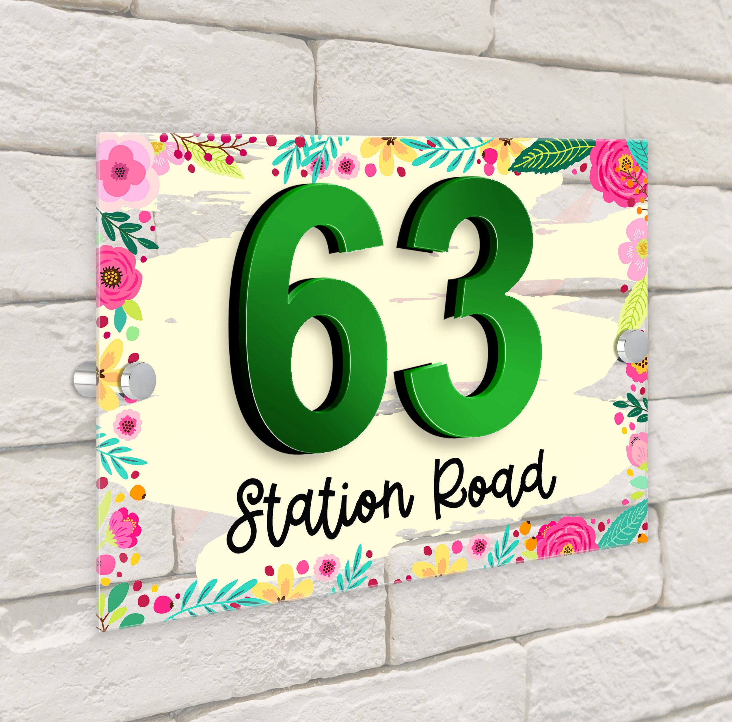 Vibrant Floral Border 3D Acrylic House Address Sign Door Number Plaque ...