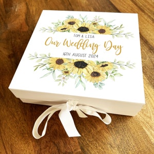 Girasol Personalizado cuadrado Día de boda Recuerdo de la cesta de regalo Caja de memoria