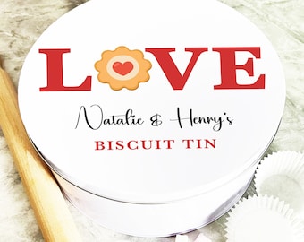 Rond liefdeswoord met koekje Romantisch cadeau gepersonaliseerd koekjesblik