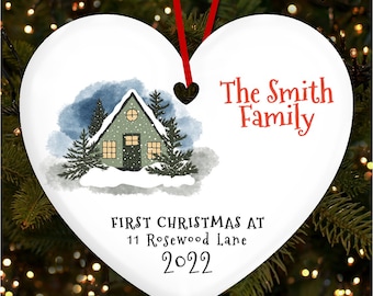 First At Home Snowy House Heart Personalised Christmas Tree Ornament Decoration