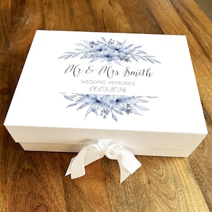 Caixa de memória para presente, guirlanda de flor azul personalizada para lembrança do dia do casamento