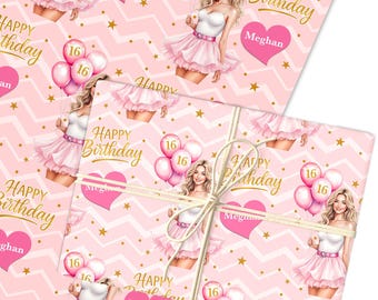 Personalised Wrapping Paper Kids Birthday Girls Pink & Gold Custom Gift Wrap | Sheets or Rolls | Customised Personalized Wrapping Paper