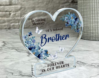 Adorno conmemorativo con forma de corazón, regalo floral azul, recuerdo, placa, adorno, recuerdo, simpatía, regalo de recuerdo, baratija de acrílico