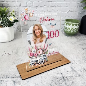 100th Birthday Gift Pink Floral White Cart Photo Custom Personalised Gift Plaque - Acrylic Plaque, Personalised Birthday Present Gift