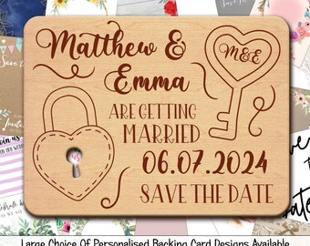 Lock and Key Personalised Wooden Wedding Save The Date Magnets & Backing Cards