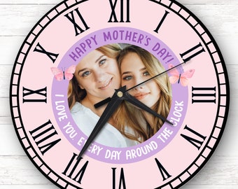 Horloge personnalisée Cadeau Happy Mother's Day avec photo violette