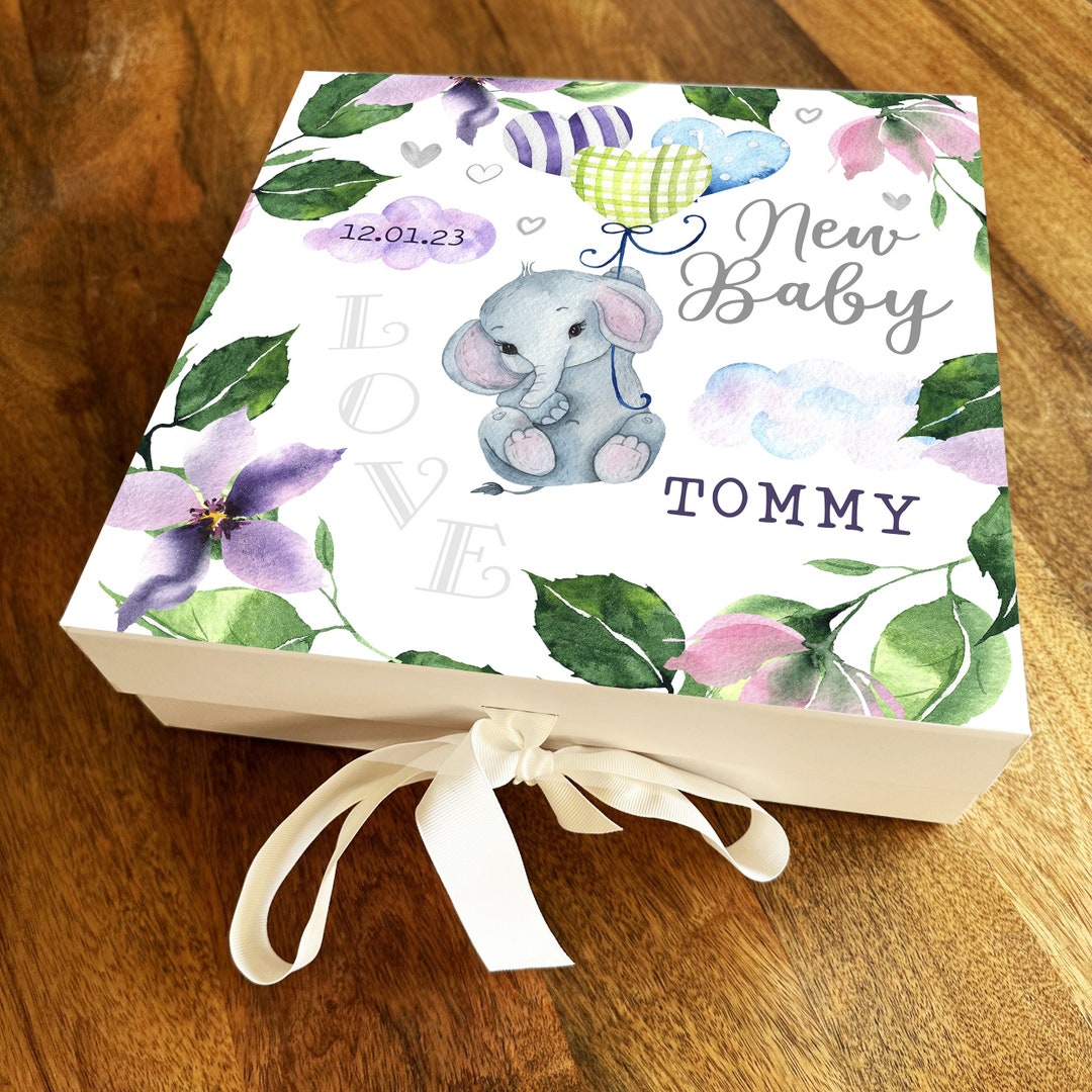 New Baby Shower Elephant Floral Square Keepsake Memory Hamper Gift Box ...