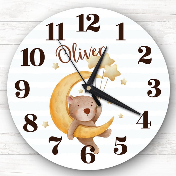 Horloge Personnalisée Ours en peluche lune aquarelle pour chambre de bébé, cadeau personnalisé