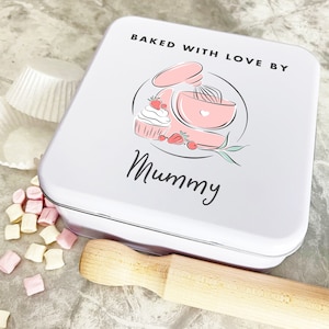Mezclador rosa cuadrado personalizado horneado con amor Momia para hornear golosinas Cake Tin