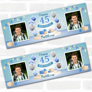 Personlig festbanderoll för 45-årsdag med foto, manlig blå ballong, present | Festdekoration, evenemangsbanderoll. 9,5 x 30 cm | 12,5 x 30 cm | 16 x 0,6 m