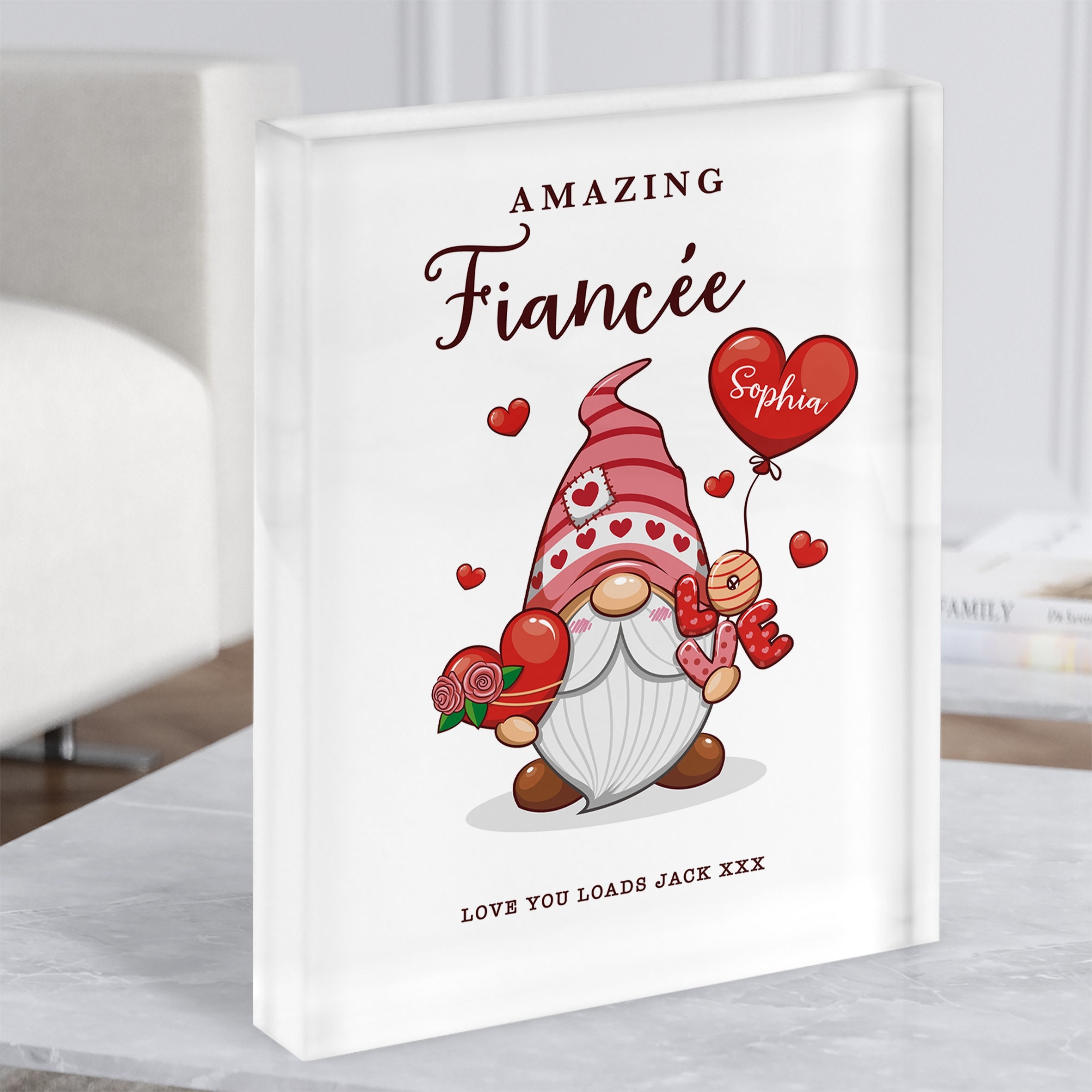 Romantic Gift For Fiancee Gnome With Love Heart Personalised Acrylic Block - Personalised Gift, Keepsake Gift, Custom Gift