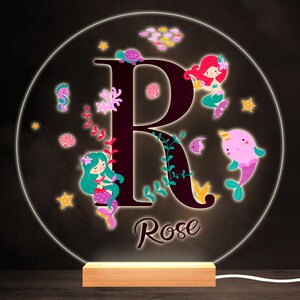 Sealife With Mermaids Alphabet Letter R Round Personalised Gift Lamp Night Light | Personalised Gift | Bedroom Lamp | Personalised Light