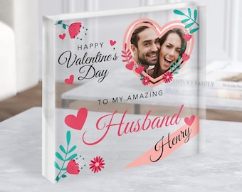 Bloque acrílico cuadrado transparente con foto de corazón rosa floral, regalo de San Valentín para marido, regalo personalizado, regalo de recuerdo, regalo personalizado