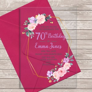 70th Or Any Age Party Gold Frame Flower Acrylic Clear Birthday Party Invitations