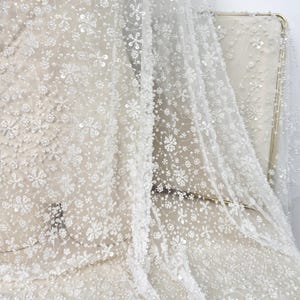 1 Yard Wedding Fabric,Heavy Bead Lace Fabric,Pearl Sequin Lace Fabric,Beaded Tulle Fabric,Off White Bridal Gown Lace,Shimmery Lace Fabric,