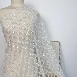 Off White Bridal Fabric,Sequin Lace Fabric,Beaded Tulle Fabric,By The Yard,Wedding Fabric,Mesh Beaded Fabric,Prom Gown Tulle Fabric