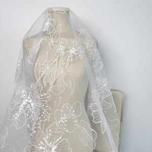 Sequin Bridal Lace Fabric,Wedding Dress Fabric,Flower Lace Fabric,by The Yard,Tulle Lace Fabric,Mesh Lace Fabric,Off White Bridal Fabric,