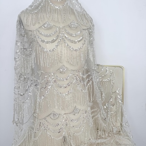 Heavy Bead Lace Fabric,Bridal Dress Fabric,Beaded Tulle Fabric,Sequin Lace Fabric,White Lace Fabric,Dress Fabric,By The Yard,Wedding Fabric,
