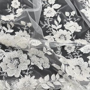 Bridal Lace Fabric,Flower Sequin Lace Fabric,Leaf Wedding Lace Fabric,Beaded Lace Tulle Fabric,Retro Bridal Lace Fabric,By The Yard,