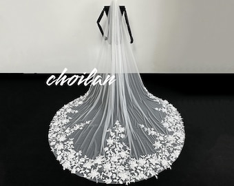 3D Flower Veil,Floral Lace Veil,One Tier Lace Veil,Cathedral Veil,Ivory Wedding Veil,Ivory Bridal Veil,Floral Bridal Lace Veil,Handmade Veil