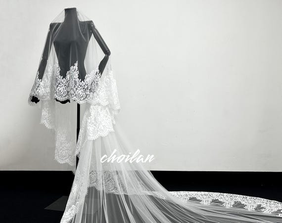 Blush Bridal Lace Veil,scalloped Edge Wedding Veil,double  display picture 1