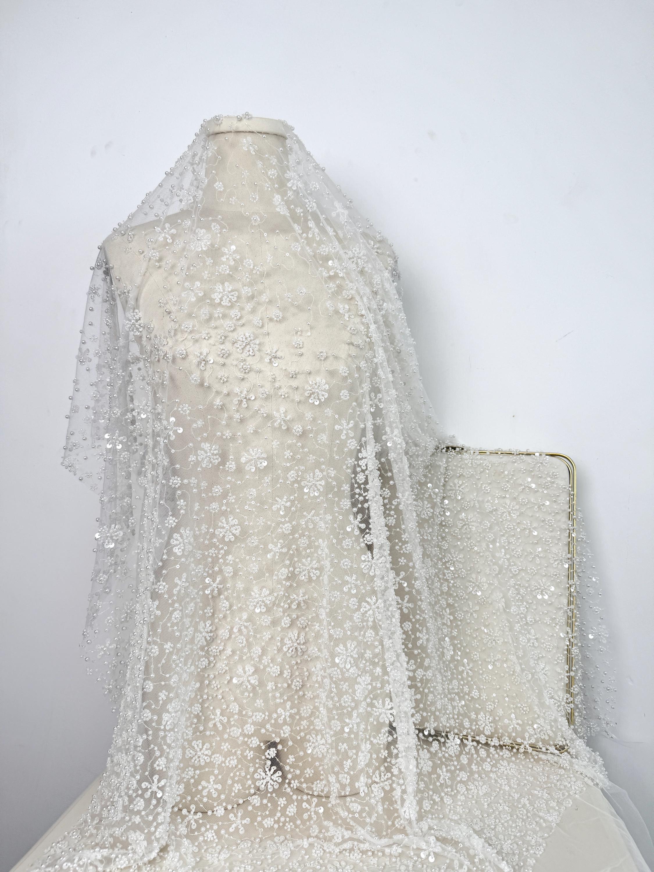 Bridal Beaded Lace Tulle Fabric,Wedding Fabric,Off White Fabric,Exquisite Lace Fabric,Heavy Bead Lace Fabric,Premium Bridal Gown Lace Fabric