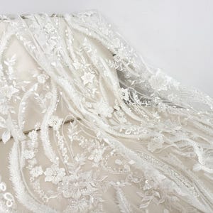 1 Yard Beaded Lace Fabric,Flower Embroidery Lace Fabric,Sequin Lace Fabric,Ivory Embroidery Lace Fabric,Bridal Lace Fabric,Wedding Fabric,