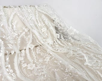 1 Yard Beaded Lace Fabric,Flower Embroidery Lace Fabric,Sequin Lace Fabric,Ivory Embroidery Lace Fabric,Bridal Lace Fabric,Wedding Fabric,