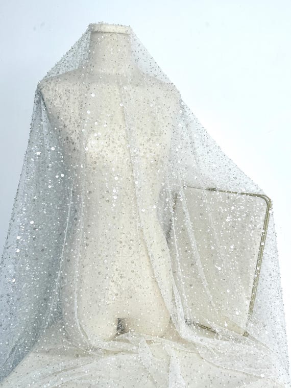 beaded fabric for prom dresses Heavy Bead Lace Fabric,sequin Lace Fabric,prom Dress Fabric,white Lace Fabric,tulle Lace Fabric,pearl Tulle Fabric,mesh Lace Fabric, Size:51 (5'6