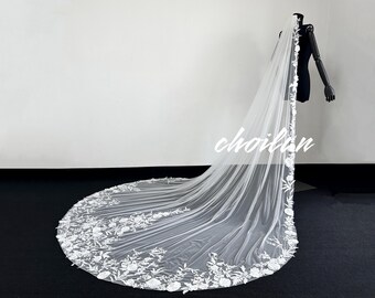 Soft Tulle Veil,Bridal Veil Lace,Cathedral Veil,Lace Edge Veil,Wedding Veil Long,Single Tier Veil,Floor Wedding Veil,Embroidery Lace Veil