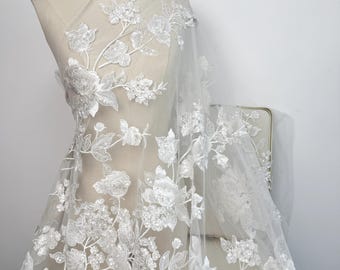 Tela de encaje para novias de moda, tela de encaje floral, tela de encaje para novias con cuentas, tela de encaje para bodas, tela de vestido de alta calidad, tela de encaje blanco roto,