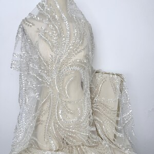 Beaded Tulle Fabric,Ivory Lace Fabric,Bridal Heavy Bead Lace Fabric,Fabric By The Yard,Dress Fabric,Embroidery Fabric,Tulle Fabric,