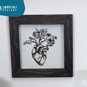 Handmade Heart and Flowers Wall Decor, Floating Picture Frame, Wooden Framed Artwork, Handmade Heart Wall Art