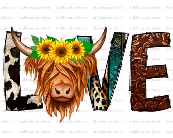 Western Sunflower Cow - Love PNG, Sublimation Design, Long Hair Cow, Sunflower Cow - Instant Digital Download