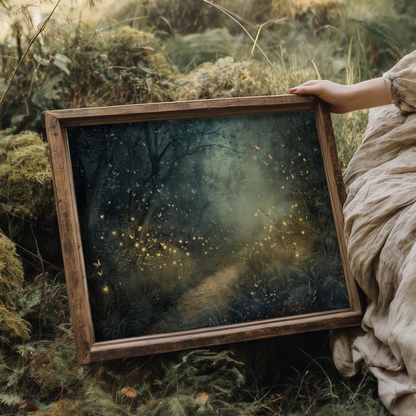 Fireflies | Moody Fairytale Aesthetic, Dark Academia Prints, Cottagecore Wall Art, Woodland Fairies Painting, Dark Naturalism Decor