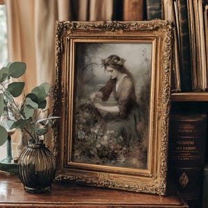 Wreath Girl | Cottagecore Wall Art, Moody Floral Printable, Vintage Fairycore Decor, Antique Painting Art Print, Dark Academia Aesthetic