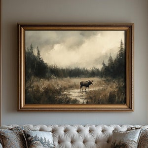 Moose | Moody Forest Decor, Wildlife Print, Vintage Aesthetic Wall Art, Rustic Home Decor, Woodland Cabin Decor, Landscape Oil Painting