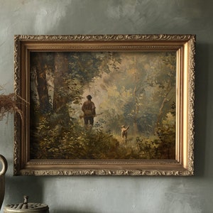 Lámina «La Caza» / Estilo Academia Oscura, Arte de pared de caza, Arte de naturaleza melancólica, Decoración de cabaña en el bosque, Estética de pintura al óleo vintage, Decoración antigua para el hogar