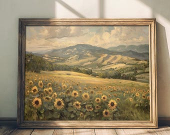 Sunflower Fields | Rustic Farmhouse Art, Moody Country Landscape, Antique Painting Aesthetic, Cottagecore Print, Vintage Floral Home Decor