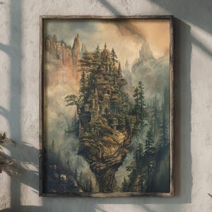 Dipinto Forest Realm / Tree Castle, Decorazione fantasy incantata, Decorazione della stanza DND, Concept art dark moody, Stampa della casa degli elfi, Stampabile stravagante