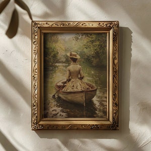 A dark academia-themed print showcasing a lady in a boat, ideal for cottagecore and Victorian wall art decor.