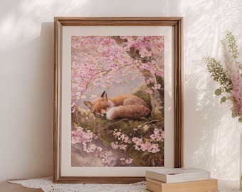 Resting Fox Printable Wall Art - Cottagecore Spring Artwork, Cherry Blossom Fox Painting, Nursery Woodland Decor (Digital Download)
