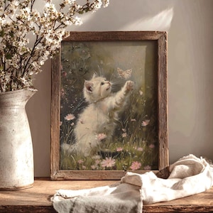 Cat & Butterfly | Cottagecore Prints, Spring Home Decor, Vintage Aesthetic, Eclectic Decor, Maximalist Wall Art, Rustic Farmhouse Art Print