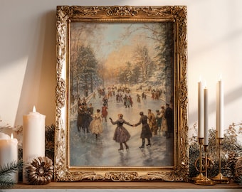 Skating Dance | Winter Home Decor, Snowy Wall Art, Vintage Holiday Art, Christmas Prints, Antique Oil Painting Aesthetic, Vintage Wall Decor