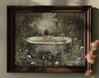 Forest Bath | Cottagecore Art Print, Cottage House Decor, Dark Academia Prints, Moody Painting Print, Vintage Floral Nature Aesthetic