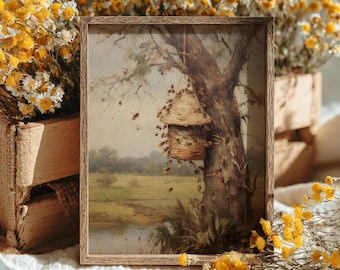 Old Beehive | Cottagecore Prints, Farmhouse Decor, Honey Bee Wall Art, Rustic Home Decor, Spring Art Print, Vintage Oil Painting Aesthetic