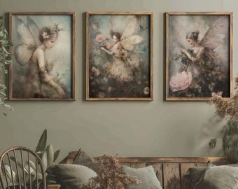 Set of 3 Flower Fairies Prints | Cottagecore Decor, Vintage Fairy Wall Decor, Moody Floral Wall Art, Fairycore Gallery Set, Goblincore Art